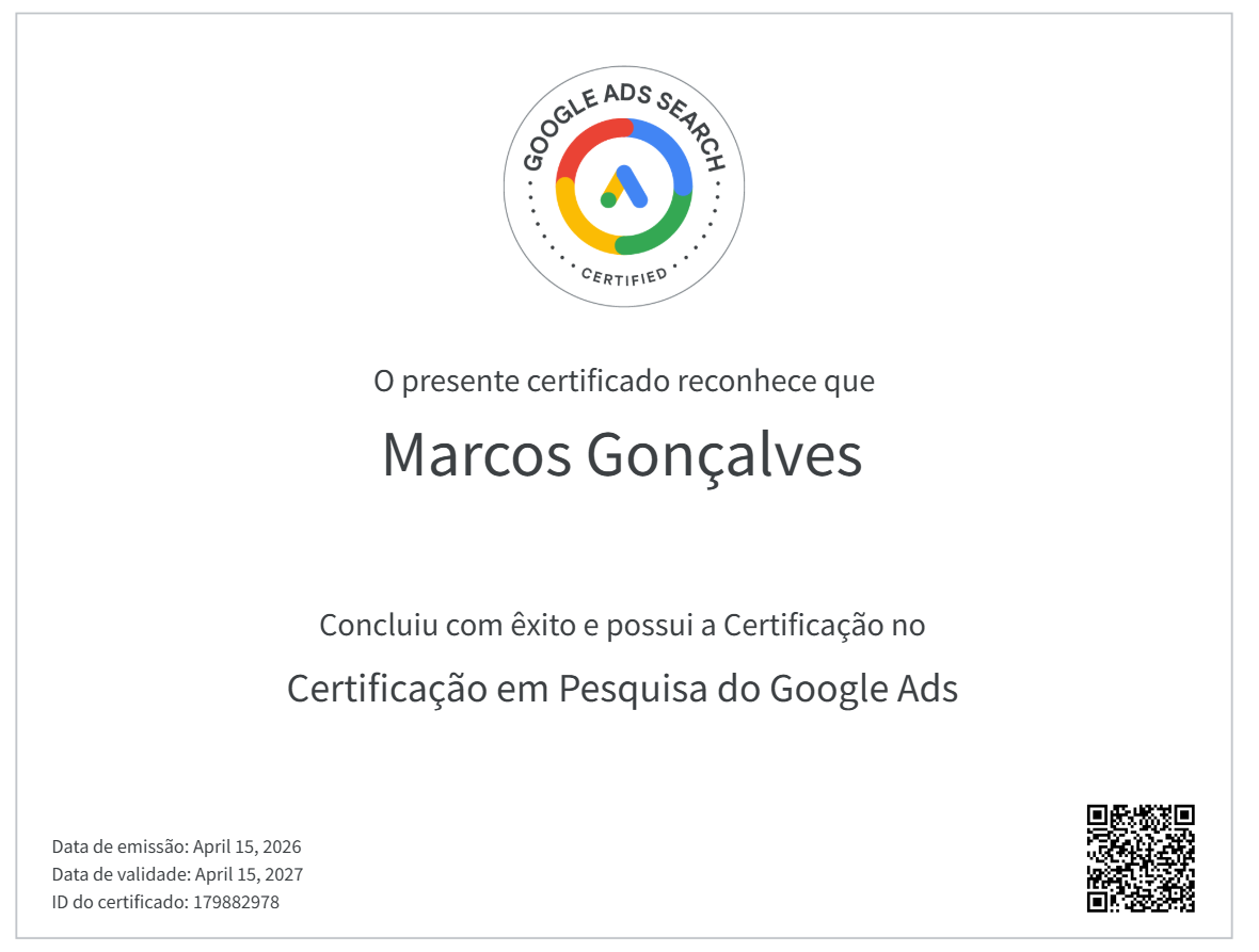 Certificado Google Ads Pesquisa de Marcos Gonçalves